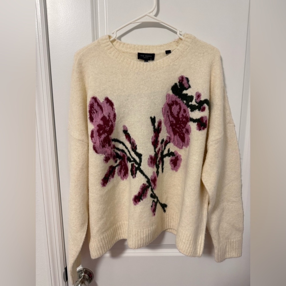 Ted Baker London Floral Jacquard Cozy Wool Alpaca Sweater Cream/Ivory Size L NWT - Picture 3 of 9